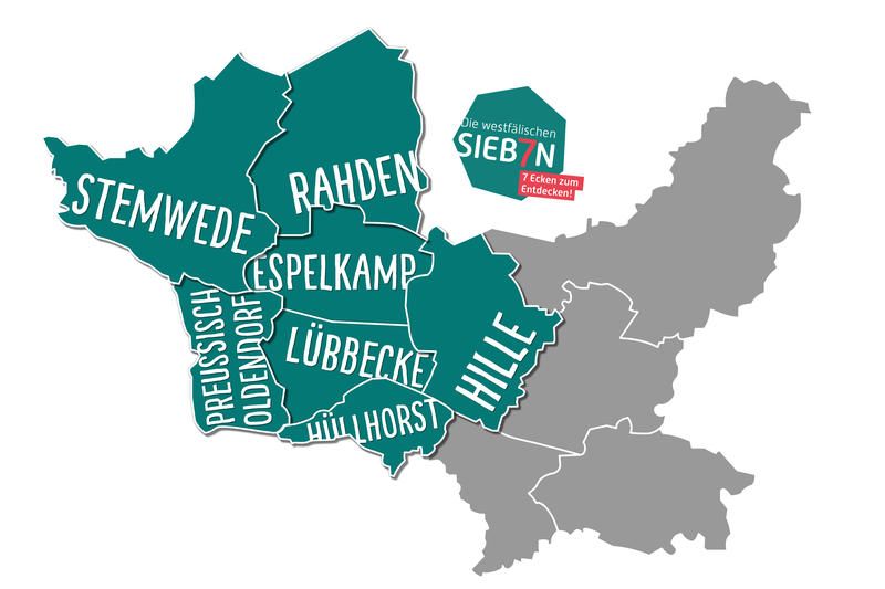 Karte des Kreis Minden-Lübbecke mit farblich hervorgehobenen westlichen Mitglieds-Gemeinden Der westfälischen Sieben. 